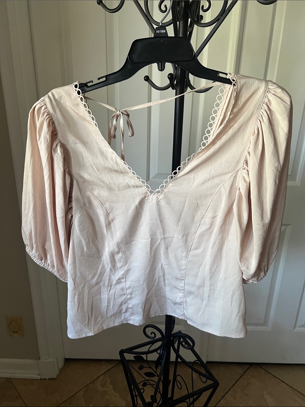 Express Pale Pink V-Neck Puff Sleeve Blouse with Tie Back